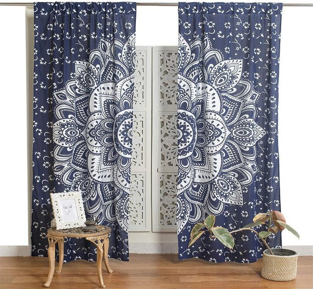 Yiran Furniture Mandala Vorhänge im Hippie Stil in Blau und Silber, halbtransparent mit Ösen, Breite: 100 cm, Höhe: 160 cm - Bild 1