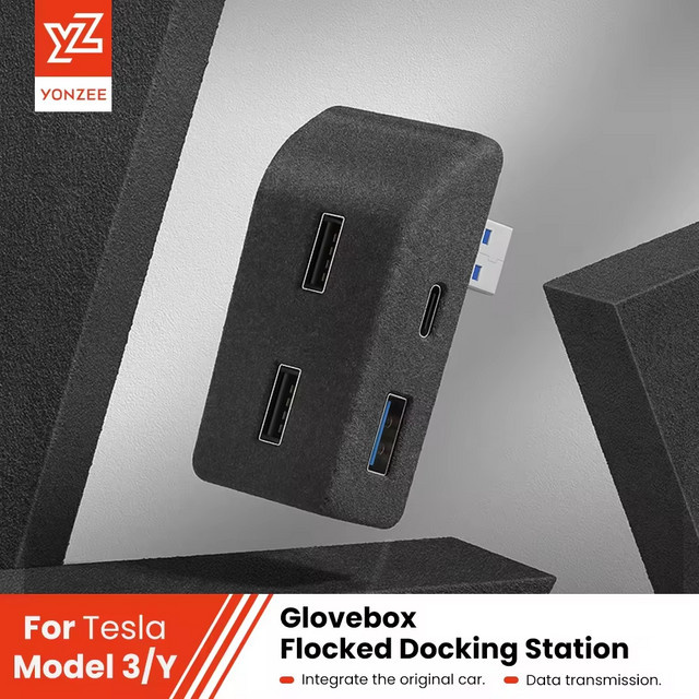 YZ Handschuhfach-Dockingstation für Tesla Model 3 und Model Y Highland in Schwarz mit 4 USB-C Anschlüssen und Beflockungsadapter - Bild 1