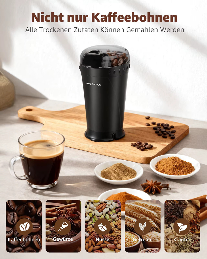Aigostar Elektrische Kaffeemühle und Gewürzmühle in Schwarz mit Edelstahl-Schlagmesser und 150 Watt Leistung - Bild 3