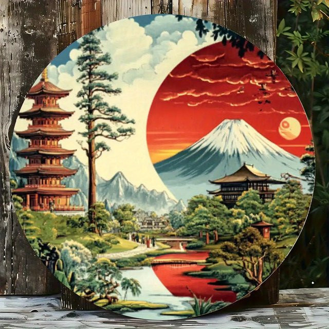 Potdemiel Vintage Wanddekoration Japanische Landschaft mit Mount Fuji, Kirschblüten und Pagode, Mehrfarbig, Durchmesser: 20 cm - Bild 1