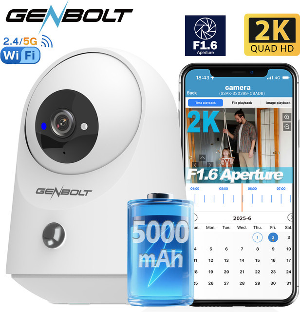 GENBOLT 2K WLAN Innen-Sicherheitskamera in Weiß, kabellose Schwenk-Neige-IP-Kamera mit 5000mAh Akku, PIR-Erkennung und Funktion als Babymonitor oder Haustierkamera - Bild 1