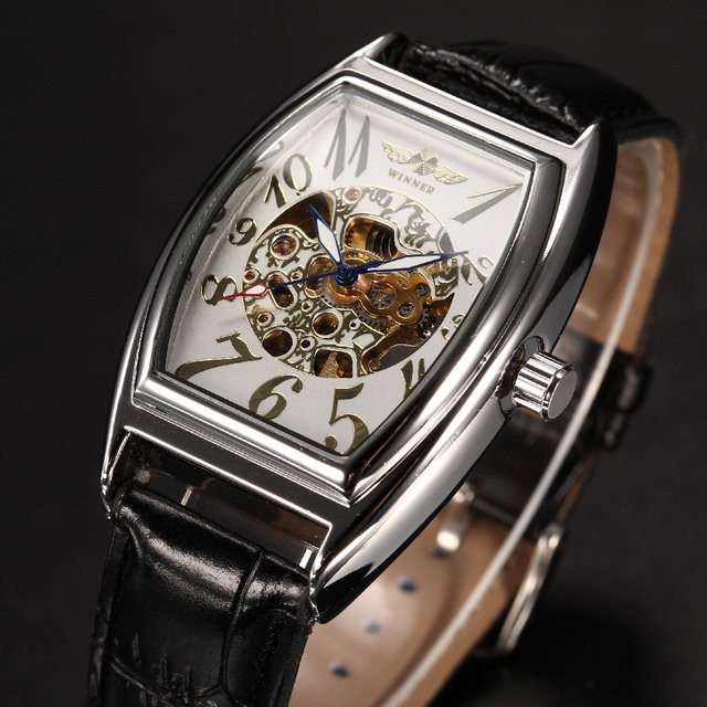 Winner Armbanduhr, Tonneau-Gehäuse, Skelett-Mechanik, Edelstahl, Leder, Herren - Bild 1
