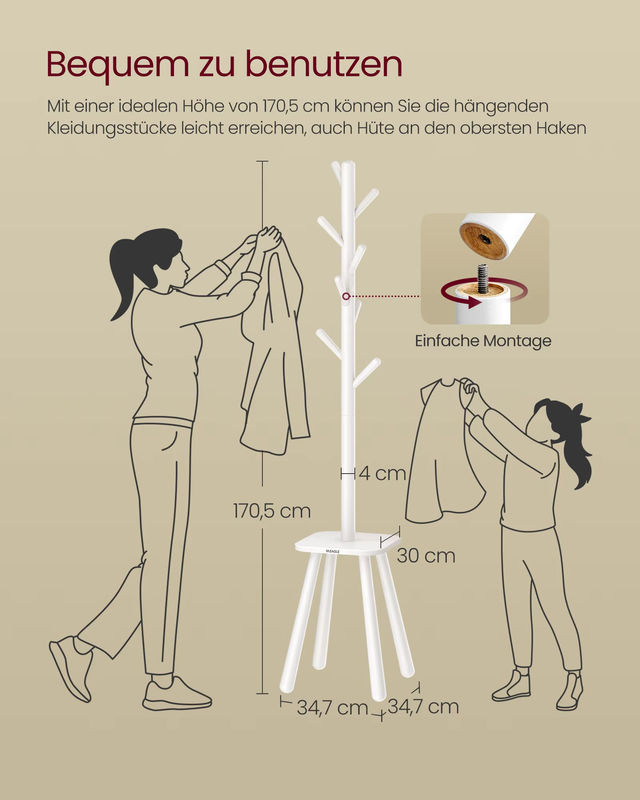VASAGLE Garderobenständer in Weiß mit 8 Haken und Ablagefläche im minimalistischen Design - Bild 3