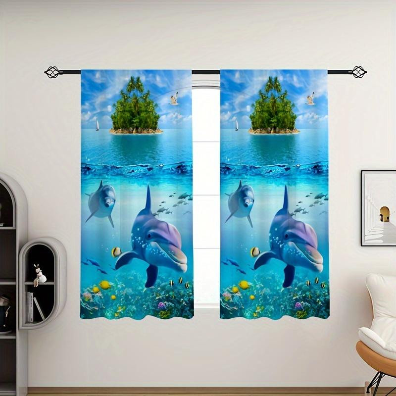 2er-Set dekorative Vorhänge mit Delphin-Muster von Household supplies MH, halbtransparent, mehrfarbig, B: 100 cm, H: 130 cm - Bild 2