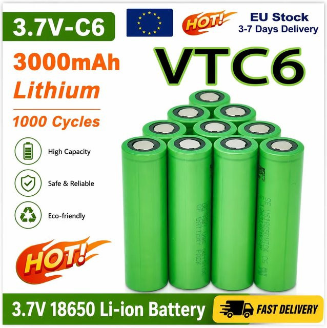 Original 18650 VTC6 Lithium-Ionen-Batterie 3,7V 3000mAh mit 30A Entladestrom in Grün - Bild 1