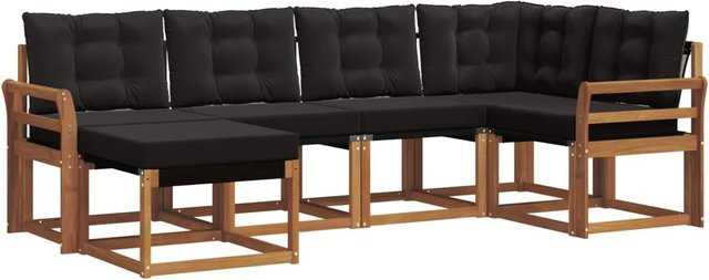 vidaXL Outdoor-Sofagarnitur 6-teilig L-Form aus Akazienholz und Textilene in Schwarz und Natur mit Kissen - Bild 1