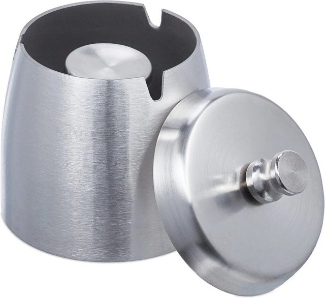 Relaxdays Aschenbecher aus Edelstahl mit Deckel in Silber, Durchmesser: 9 cm, Höhe: 7,5 cm - Bild 1