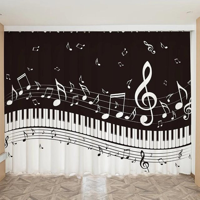Yiran Furniture Musiknoten Vorhänge mit Klavier, Schlagzeug, Violine und Gitarre, Mehrfarbig, Breite: 100 cm, Höhe: 130 cm - Bild 1