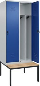 C+P Spind Classic PLUS Garderobenschrank mit Sitzbank, 2 Abteile, B/T/H: 212,0 x 80,0 x 81,5 cm, mit Sicherheits-Drehriegel, 4 Garderobenhaken und mittiger Trennwand, Buche-Hartholz und Stahl - Bild 1