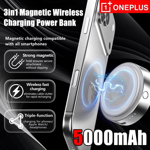 OnePlus 3-in-1 Magnetische Kabellose Powerbank mit 20W Bidirektionaler Schnellladung, 5000mAh, Silber - Bild 1