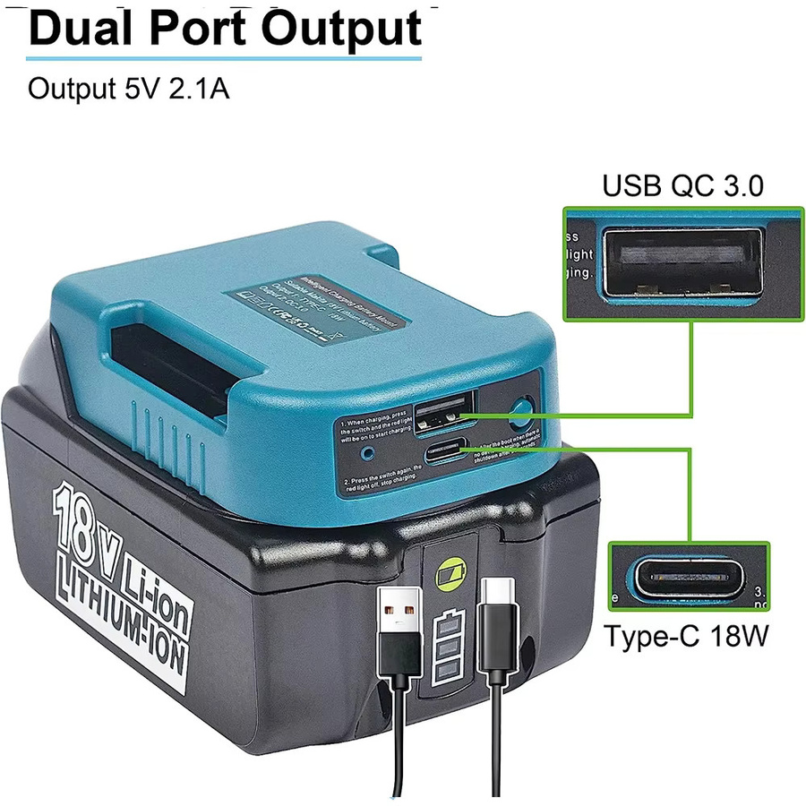 Tragbarer Ladegerät Adapter mit USB Typ C für 18V Li-Ion Akkus kompatibel mit Makita, Dewalt und Milwaukee - Bild 3