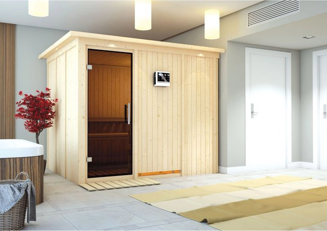 Karibu BioKombisauna Gunda mit 9.0 kW Ofen, Steuergerät, Dachkranz und Ganzglastür, Farbe: Grau/Braun, B/T/H: 231 x 196 x 24.5 cm - Bild 2