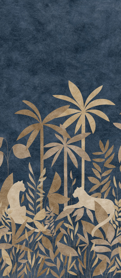 Isidore Leroy Mural Paradis Des Tigres Nocturne Wandtattoo mit goldenen Bahnen in Gold, Blau, Braun und Beige - Bild 1