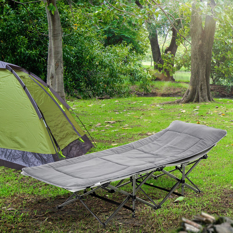 Outsunny Klappbares Campingbett mit Kopfkissen und Seitentaschen in Hellgrau, belastbar bis 150 kg - Bild 2