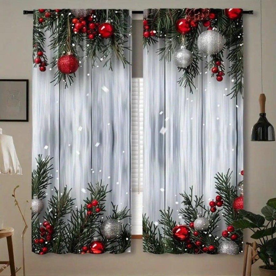 2-teiliges Vorhangset Weihnachten Rustikal in Rot und Grün, halbtransparent mit Ösen, B: 50 cm, H: 160 cm - Bild 2