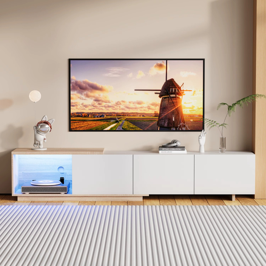 Rosahqnda Ausziehbarer TV-Ständer mit LED-Beleuchtung, 3 Schubladen und offenen Regalen, Weiß-Schwarz - Bild 2