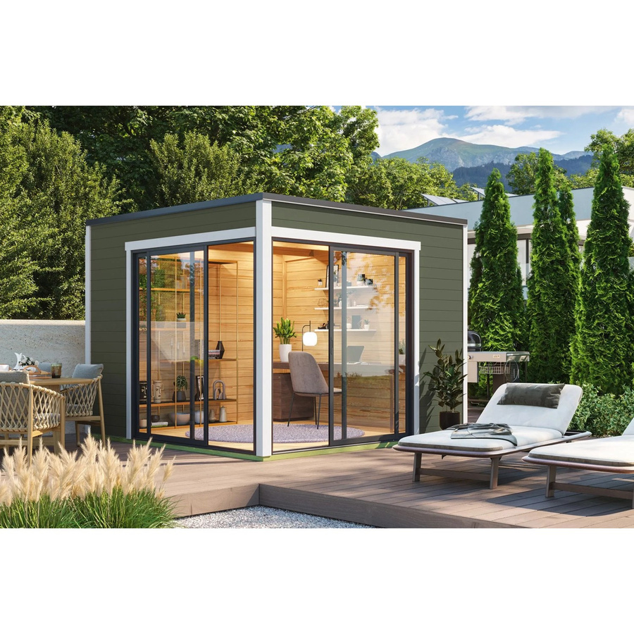 Lasita Blockbohlenhaus Palermo Gartenhaus mit Flachdach in Grau-Grün lasiert, B/T/H: 300 x 239,4 x 300 cm - Bild 2