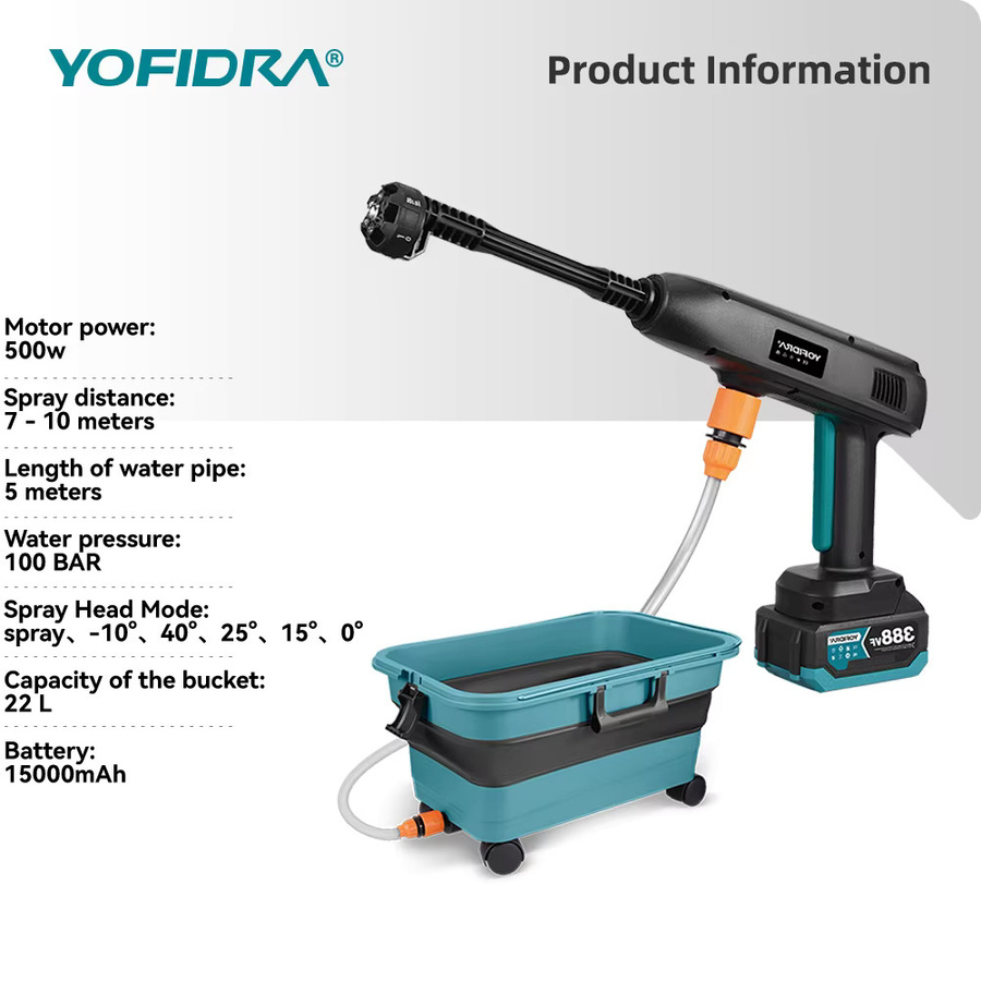 YOFIDRA 6in1 Elektrische Hochdruck Wasser Spritzpistole mit 22L faltbarem Wasser Eimer für Makita LXT Akkus - Bild 2