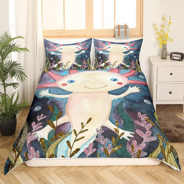 Axolotl Bettwäsche-Set mit Kawaii Reptilien-Motiv für Kinder, mehrfarbig, aus Mikrofaser, B/H: 172 x 218 cm - Bild 1