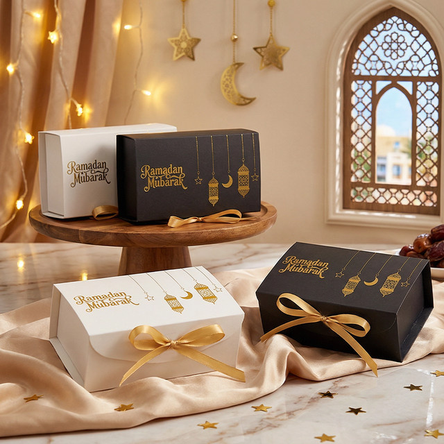 10er-Pack Mini-Geschenkboxen aus Papier in quadratischer Form mit goldenen Sternen in Schwarz-Weiß und Bändern für Pralinen und Eid Mubarak Leckereien - Bild 1
