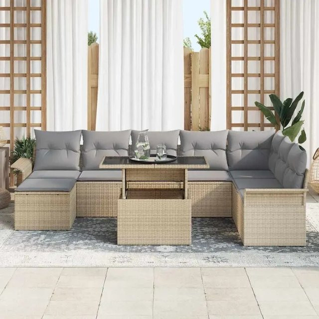 vidaXL Garten-Sofa-Set 9-teilig aus Poly Rattan und Stahl in Beige-grau mit Kissen - Bild 1