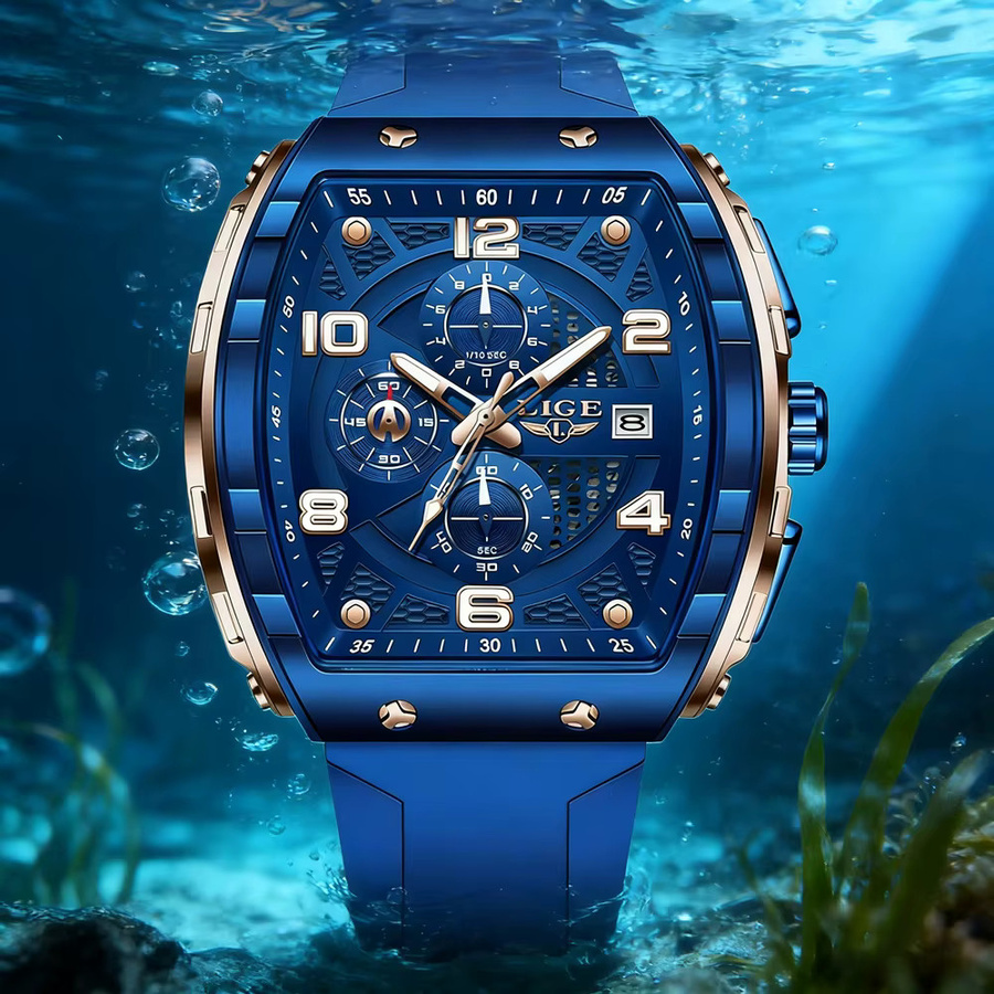 LIGE Armbanduhr Chronograph, Eckig, Edelstahl, Blau, Silikon, Herren - Bild 4