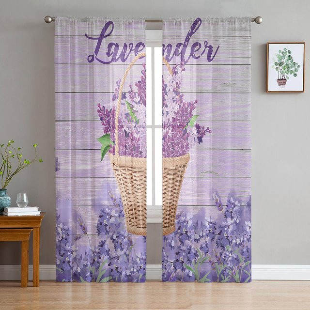 A Family Of Home Textiles Transparent Chiffon Tüll Vorhang mit Lavendel Blumenmuster in Lila, B: 135 cm, H: 114 cm - Bild 1