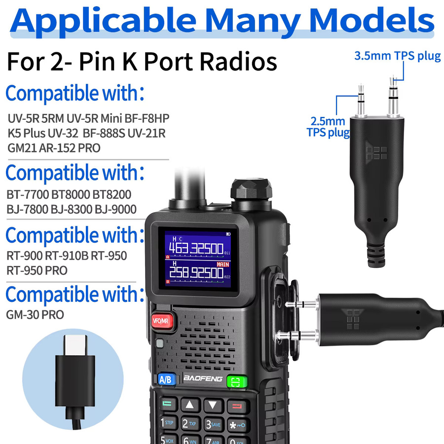 ABBREE Walkie Talkie Programmierkabel mit 2-poligem K-Stecker in Schwarz für UV-5R UV-21R UV-5R Mini UV32 Amateurfunk - Bild 3