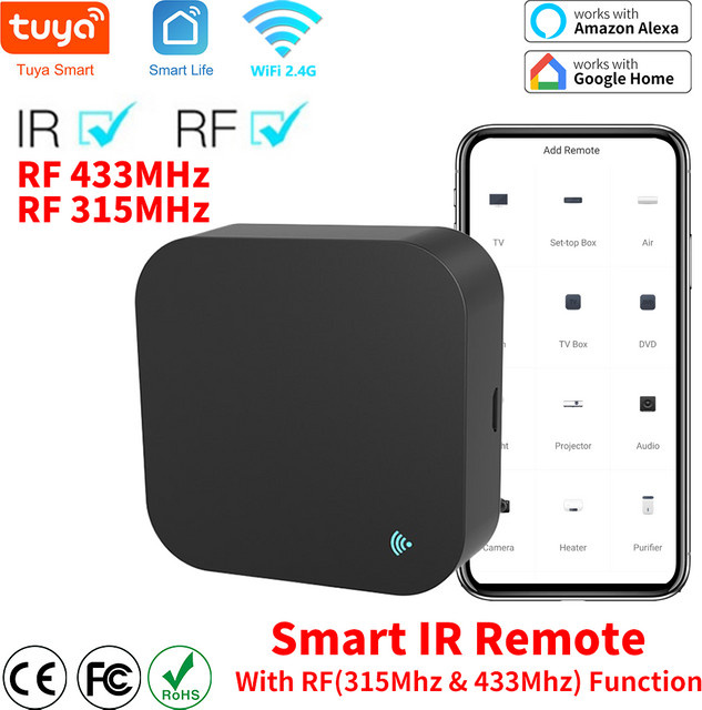 Tuya WiFi IR-Fernbedienung mit RF 433MHz und 315MHz für Smart Home-Steuerung von Klimaanlagen und Fernsehern in Schwarz, kompatibel mit Google Home, Yandex und Alexa - Bild 1