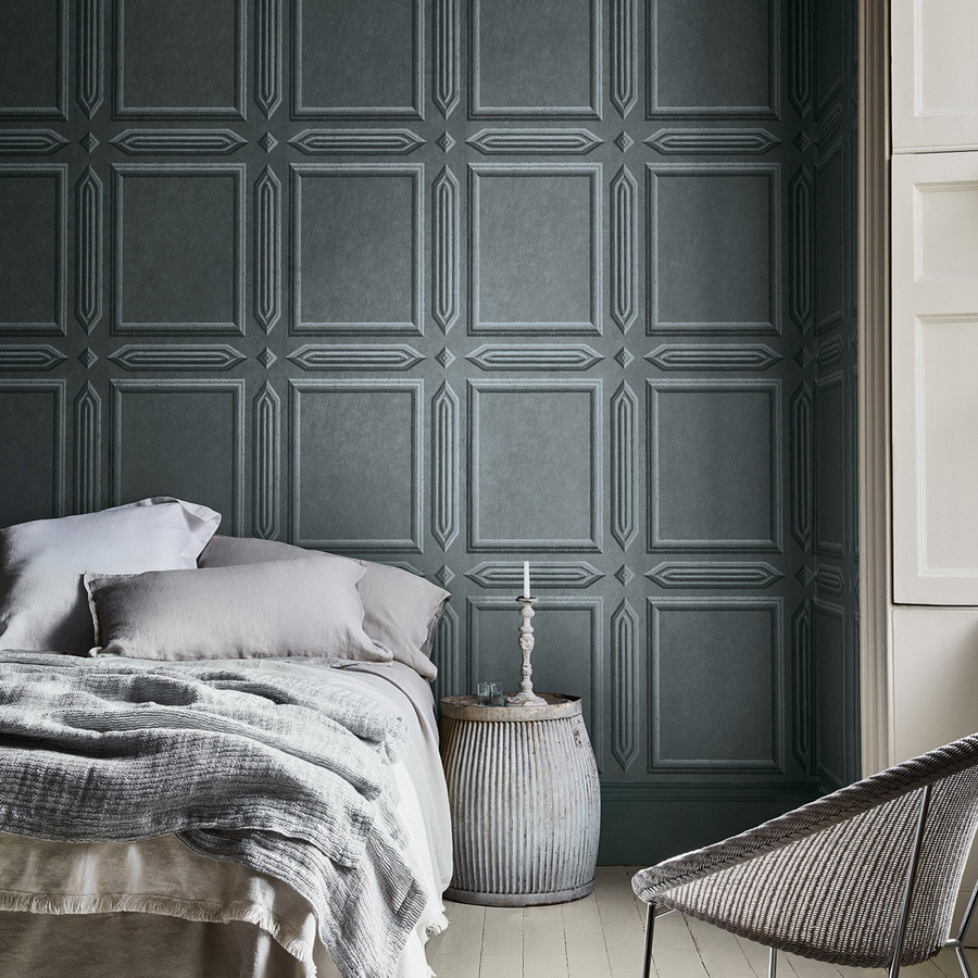 Little Greene Tapete Old Glouchester Street Tome in Türkis und Grau mit geometrischem Muster - Bild 1