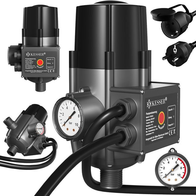 KESSER Pumpensteuerung mit Baranzeige und Kabel, elektrischer Druckschalter zur Überwachung des Wasserdrucks bis 10 bar, Schwarz - Bild 1