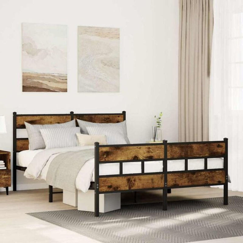 Metallbett Vidaxl im Industrial Design aus Metall und Holzwerkstoff in Räuchereiche, B/T: 135 x 190 cm - Bild 1