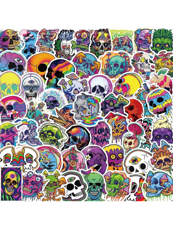 55 Stück psychedelische Totenkopf-Aufkleber in Multicolour, wasserfeste Sticker für deine Dekoration von RecordingYourLife Store - Bild 4