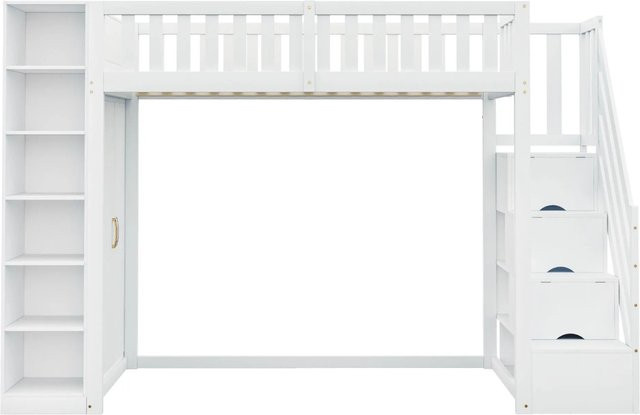 Merax Hochbett für Kinder mit Schrank, Regalen und Schubladen, Weiß und Grau, B/T/H: 200 x 90 x 173 cm - Bild 1