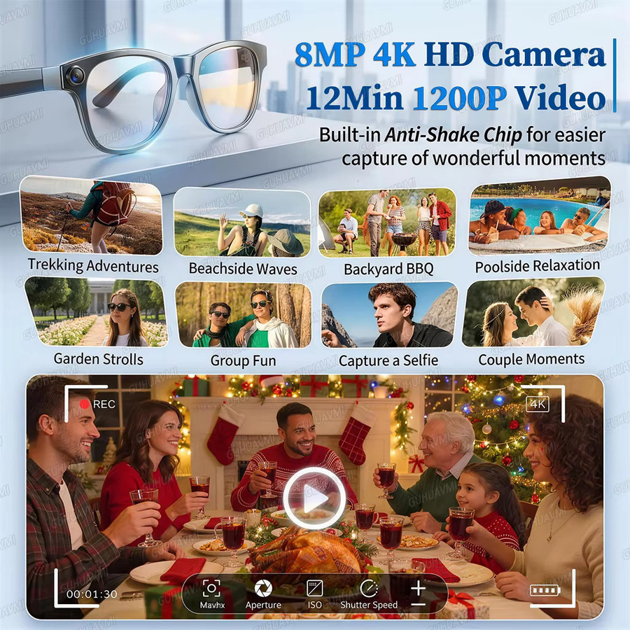 GUHUAVMI Smart Glasses AI-Brille mit 8MP 4K HD Kamera, 32GB Speicher, 3600mAh Powerbank und Übersetzungsfunktion, wasserdicht, Schwarz - Bild 5