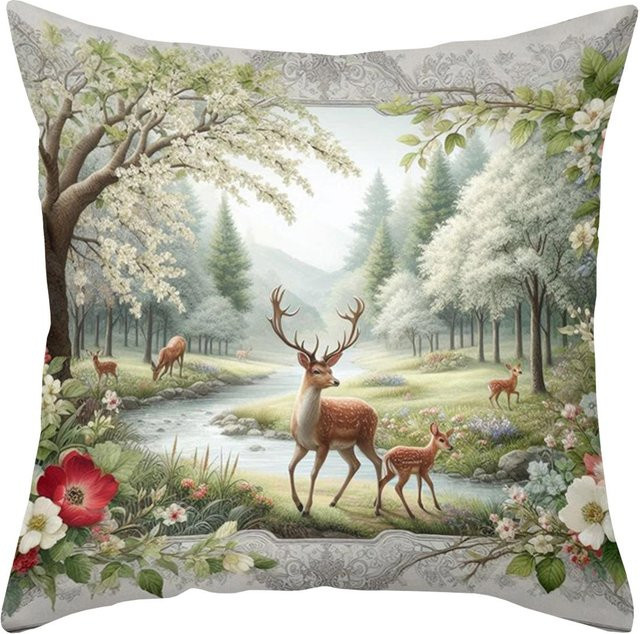 Dekorativer Kissenbezug von JMG Clothing mit Hirsch- und Waldszenen in Multicolour, Material: Polyester, B/T/H: 45 x 45 x 0 cm - Bild 1