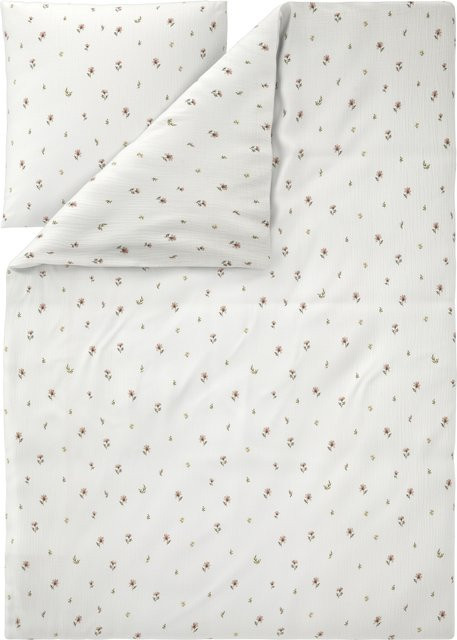 LIVARNO Musselin-Bettwäsche aus Baumwolle mit Blumenmuster, Weiß/Beige/Grün, B/H: 155 x 220 cm und Kissenbezug 80 x 80 cm - Bild 1