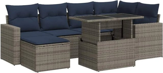 vidaXL 7-teilige Garten-Sofagarnitur aus Poly-Rattan und Akazie in Grau mit Kissen - Bild 1
