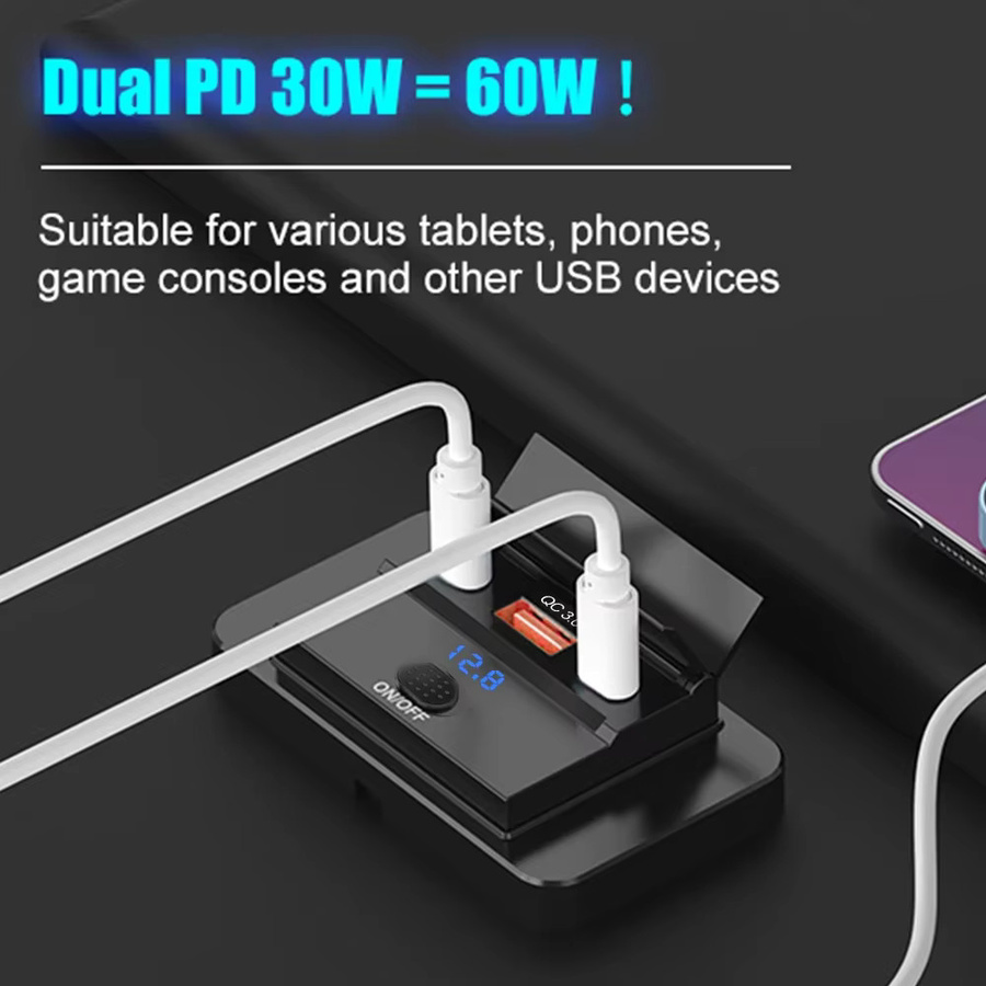 Kebidumei Wasserdichtes 12V Autoladegerät mit Schalter, Dual PD und Dual QC3.0 USB-C Schnellladegerät, Schwarz - Bild 3