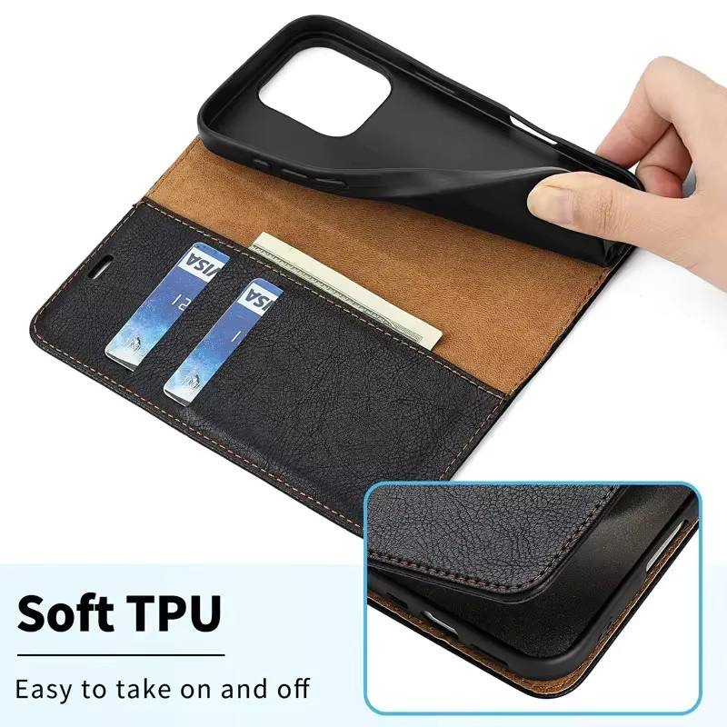 LLCOHA Magnetische Leder-Brieftasche als Flip Cover und Standfunktion für iPhone 16 Pro Max, 15 Plus, 14, 13, 12, 11 in Schwarz - Bild 4
