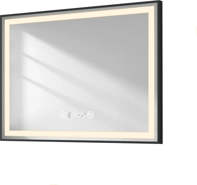 Emke Badspiegel mit Beleuchtung und schwarzem Aluminiumrahmen, B: 80 cm, H: 60 cm, mit Touch-Funktion, Dimmbar, Antibeschlag, Uhr und Temperaturanzeige - Bild 1