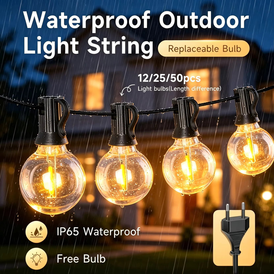 CANMEIJIA LED-Lichterkette für den Außenbereich mit warmweißen Kugelleuchten, IP65 wasserdicht, transparent - Bild 2