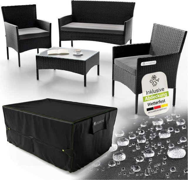 Juskys Polyrattan Gartenmöbel-Set Fort Myers in Schwarz mit Tisch, Sofa, 2 Stühlen, Auflagen und Abdeckung - Bild 1
