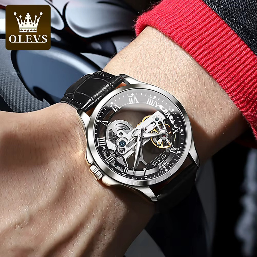 OLEVS Armbanduhr Automatik, Leder, Schwarz, Herren - Bild 3