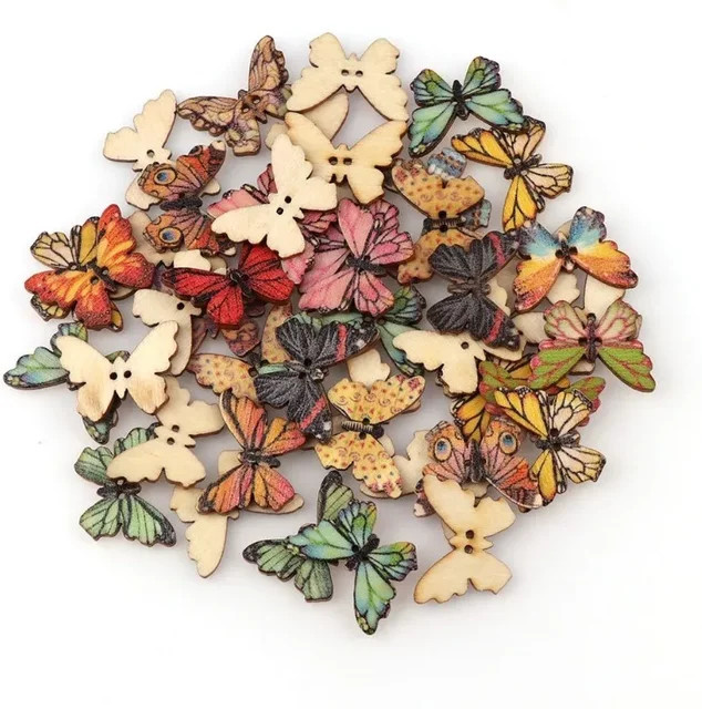 50 Stück bunte Schmetterlings-Holzknöpfe mit 2 Löchern für Nähen und Scrapbooking in Multicolor - Bild 1