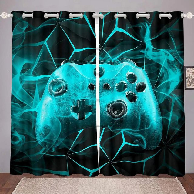 Yiran Furniture Digitaldruckvorhang mit Gamepad-Motiv in Grün und Türkis, Breite: 100 cm, Höhe: 130 cm - Bild 1