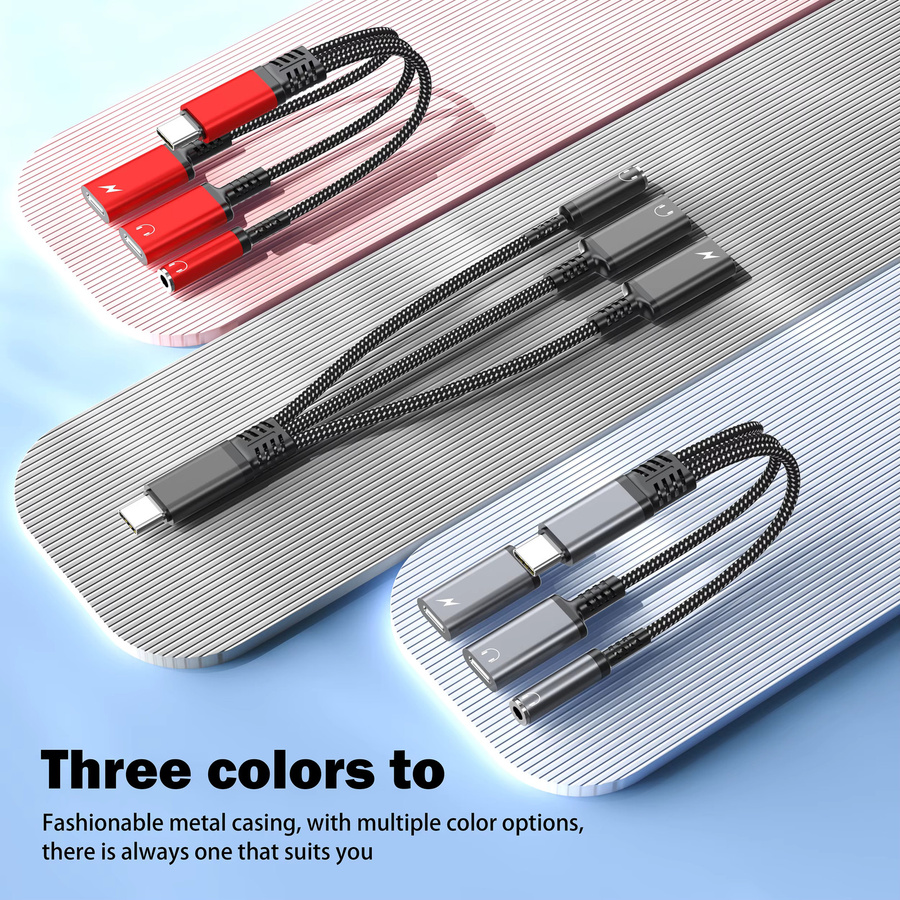 3-in-1 PD 60 W Schnellladeadapter mit USB-C auf Dual USB-C und 3,5 mm Klinke für iPhone 16 15 und Samsung in Schwarz und Rot - Bild 4