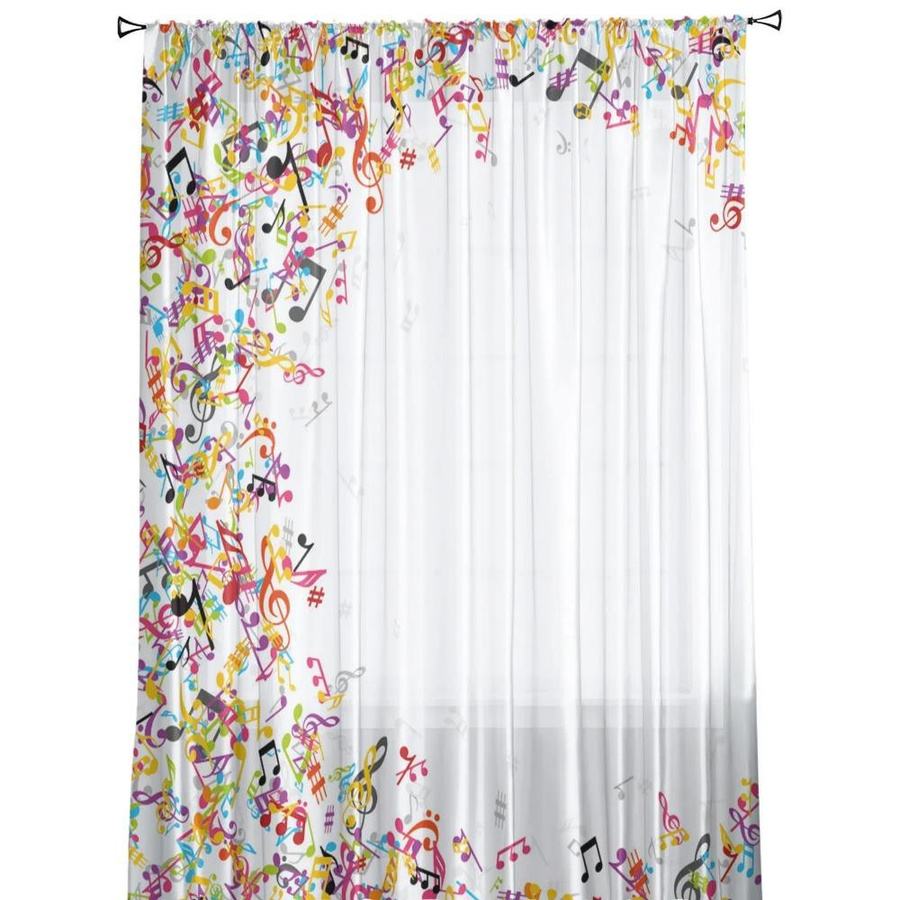 Yiran Furniture Transparentes Tüll-Fensterdekoration mit Musiknoten-Motiv in Bunt, Organza-Vorhang mit Ösen, Breite: 135 cm, Höhe: 115 cm - Bild 1