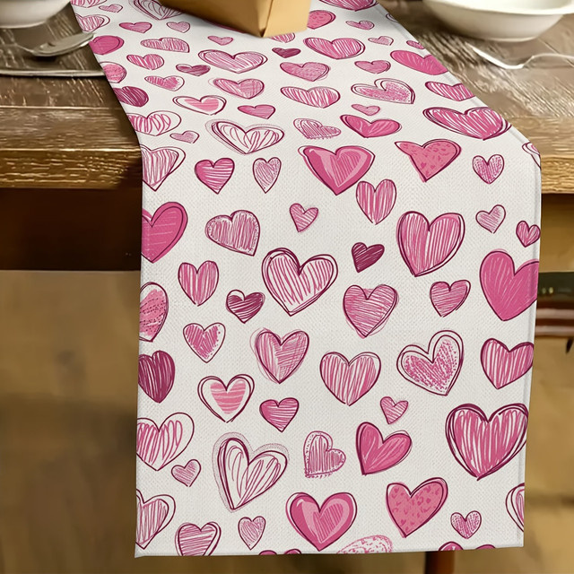 Valentinstag Tischläufer aus Leinen in Rosa und Weiß mit Winter-Herz-Motiv, Länge: 93 cm - Bild 1