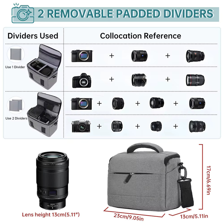 TECTINTER DSLR Kameratasche als Schultertasche für Sony, Canon, Nikon und instax in Schwarz und Grau - Bild 2